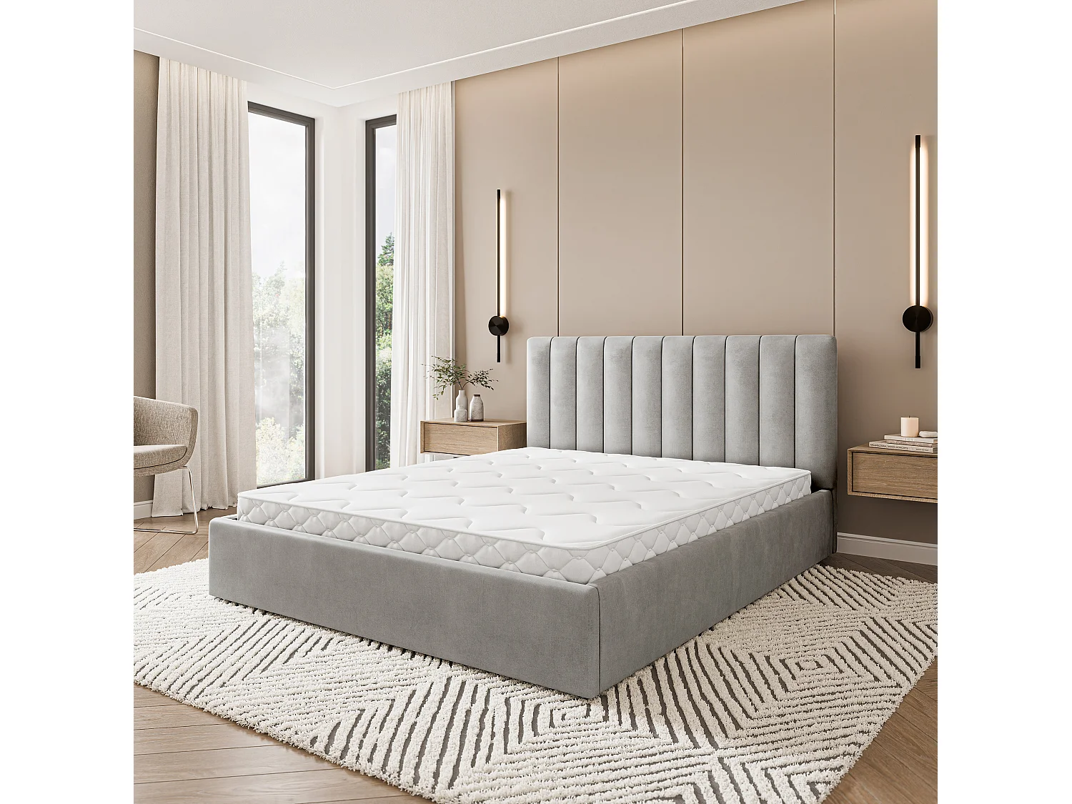 Gestoffeerd bed DEMERA 180x200 cm - Fluwelen stof - Lichtgrijs