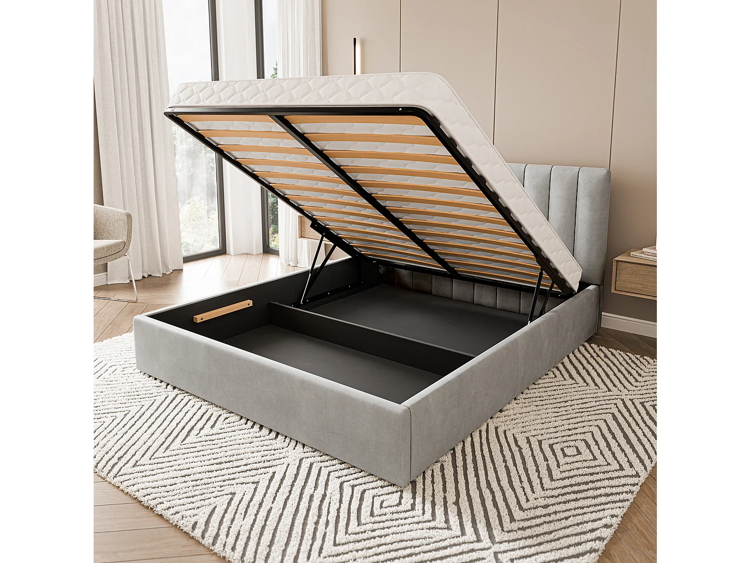 Gestoffeerd bed DEMERA 180x200 cm - Fluwelen stof - Lichtgrijs