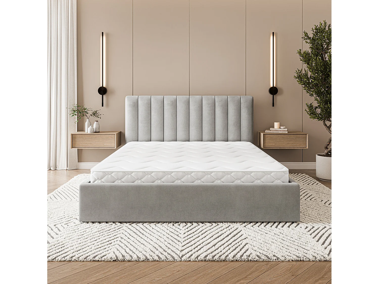 Gestoffeerd bed DEMERA 180x200 cm - Fluwelen stof - Lichtgrijs