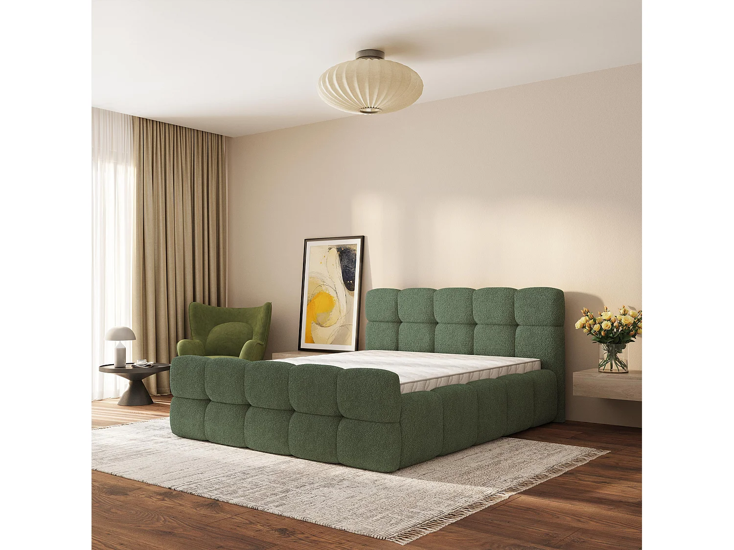 Gestoffeerd bed ELIZJA 160x200 cm - Bouclé stof - Groen