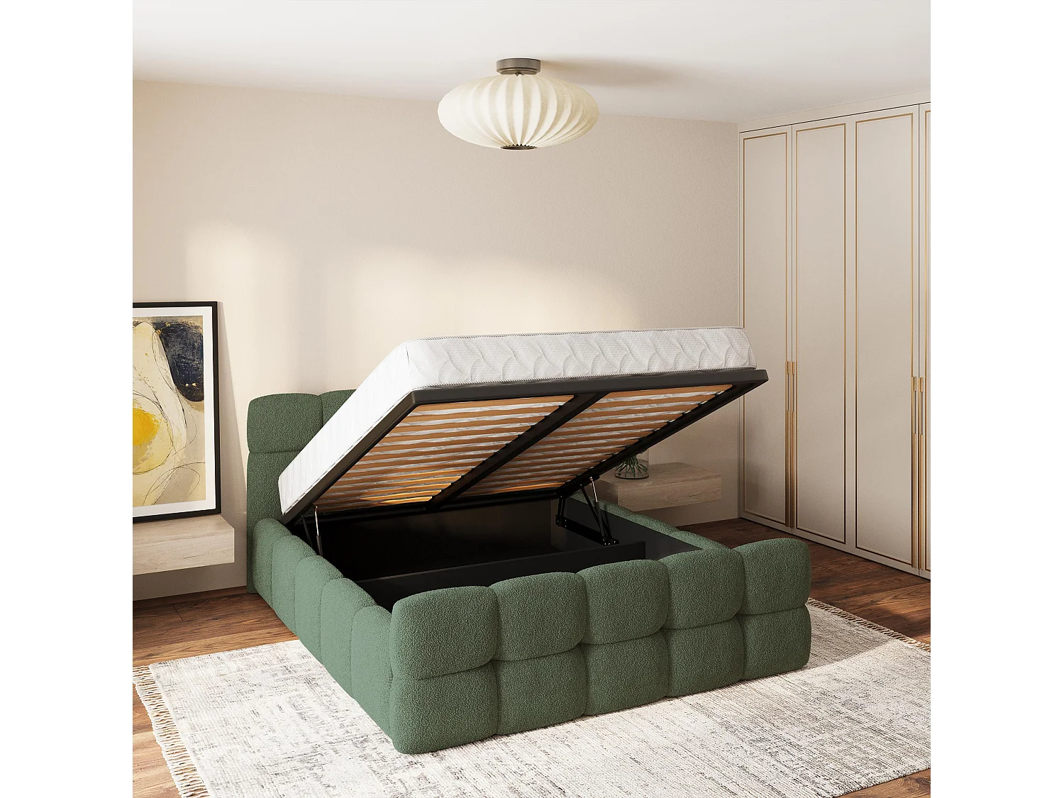 Gestoffeerd bed ELIZJA 160x200 cm - Bouclé stof - Groen