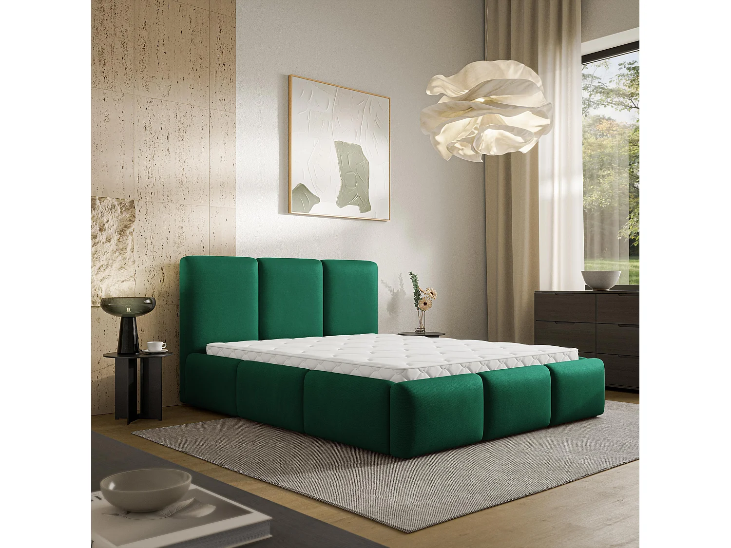 Gestoffeerd bed ARSIL 160x200 cm - Pluche stof - Flessengroen