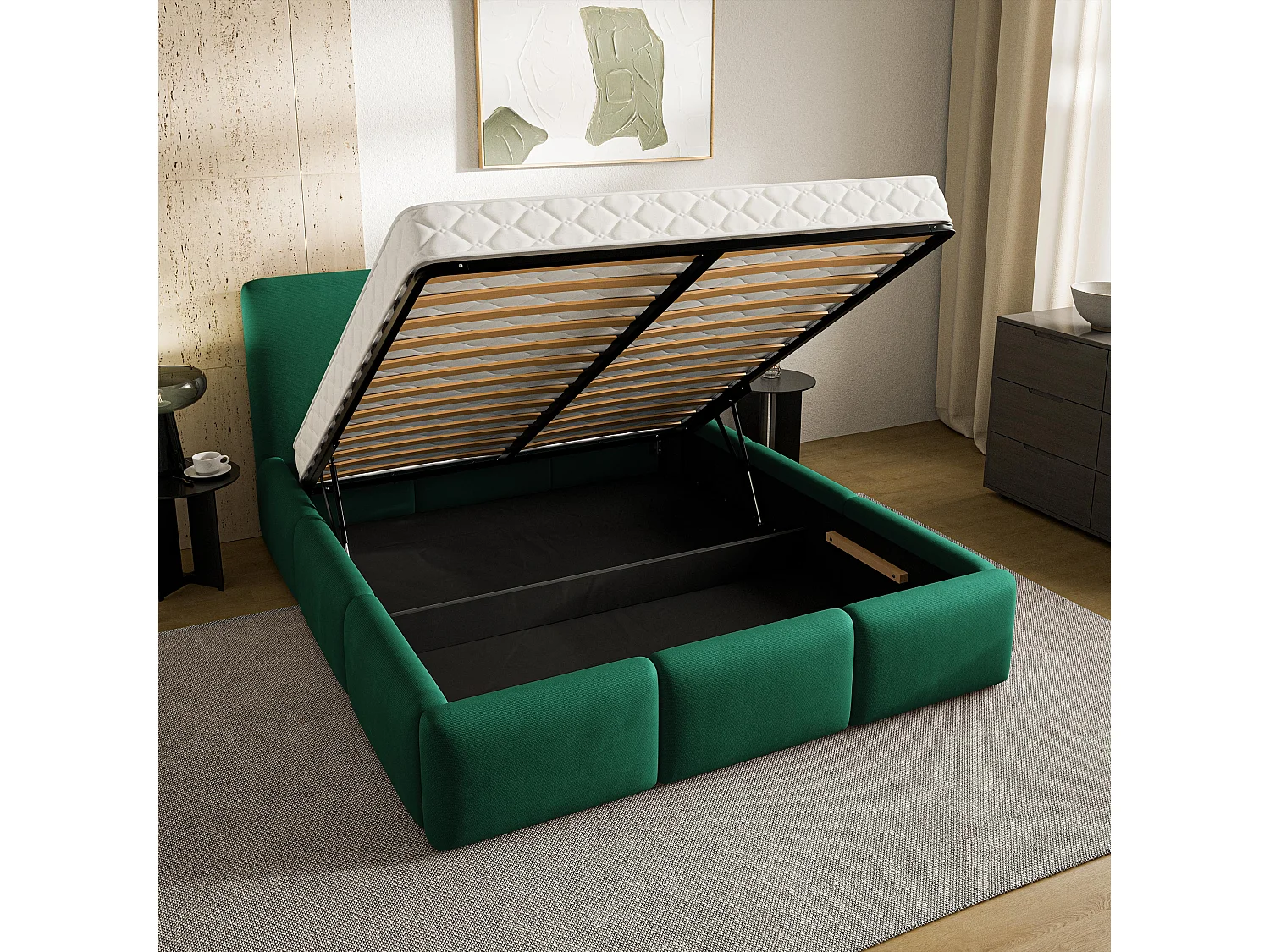Gestoffeerd bed ARSIL 160x200 cm - Pluche stof - Flessengroen