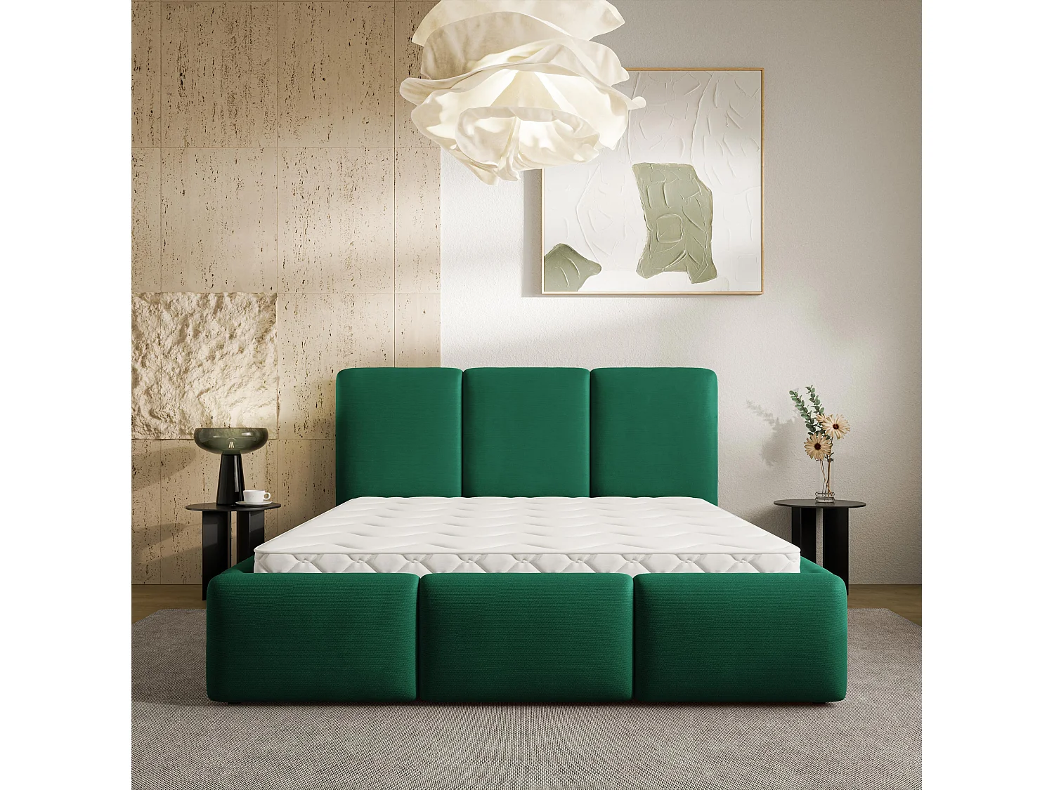 Gestoffeerd bed ARSIL 160x200 cm - Pluche stof - Flessengroen