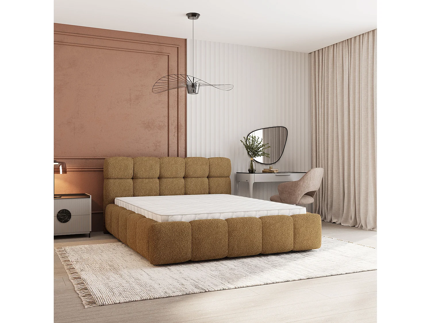 Lit Coffre FARU 200x200 cm - Tissu bouclé - Miel