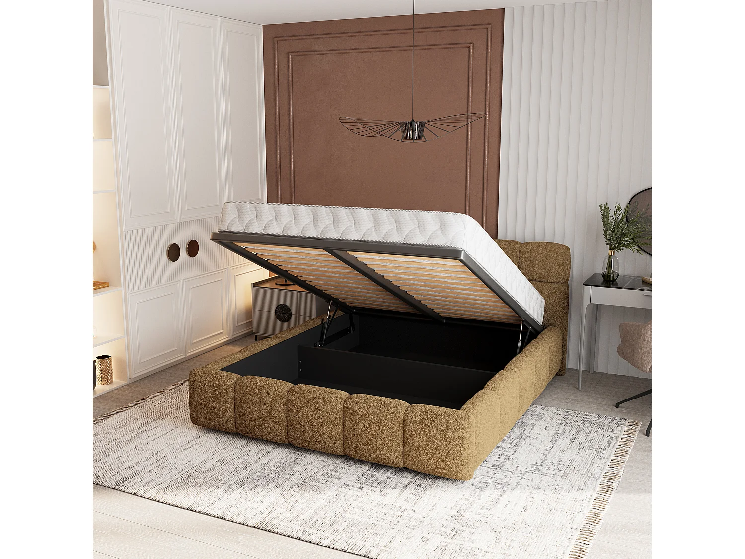 Lit Coffre FARU 200x200 cm - Tissu bouclé - Miel