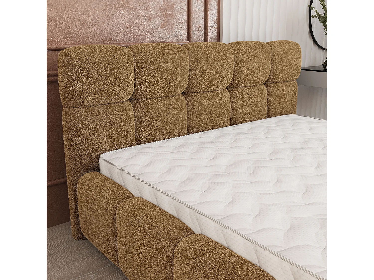 Lit Coffre FARU 200x200 cm - Tissu bouclé - Miel