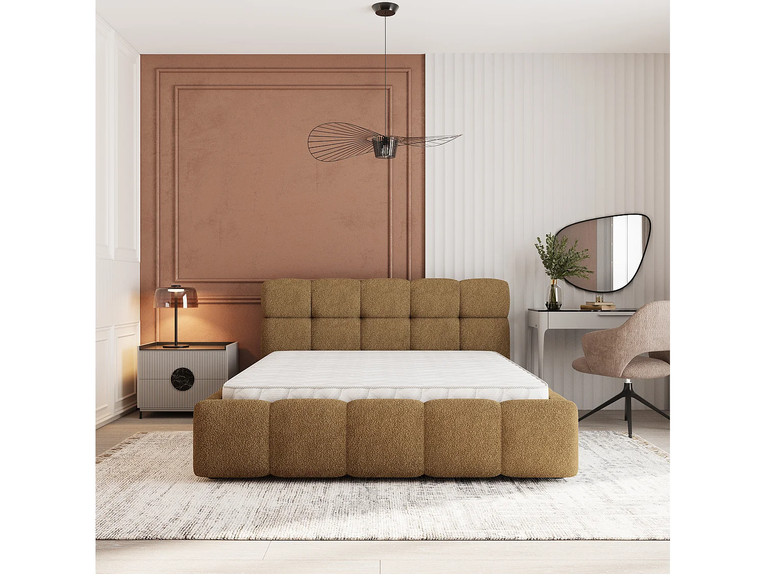 Lit Coffre FARU 200x200 cm - Tissu bouclé - Miel