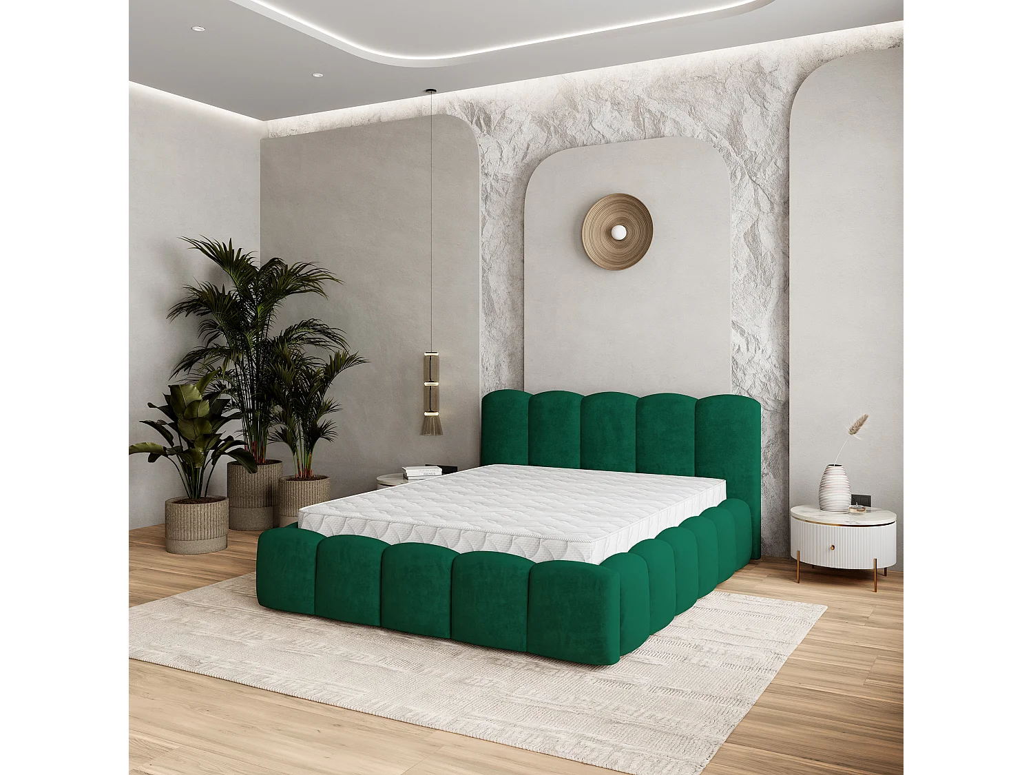 Gestoffeerd bed FALINA 140x200 cm - Pluche stof - Flessengroen