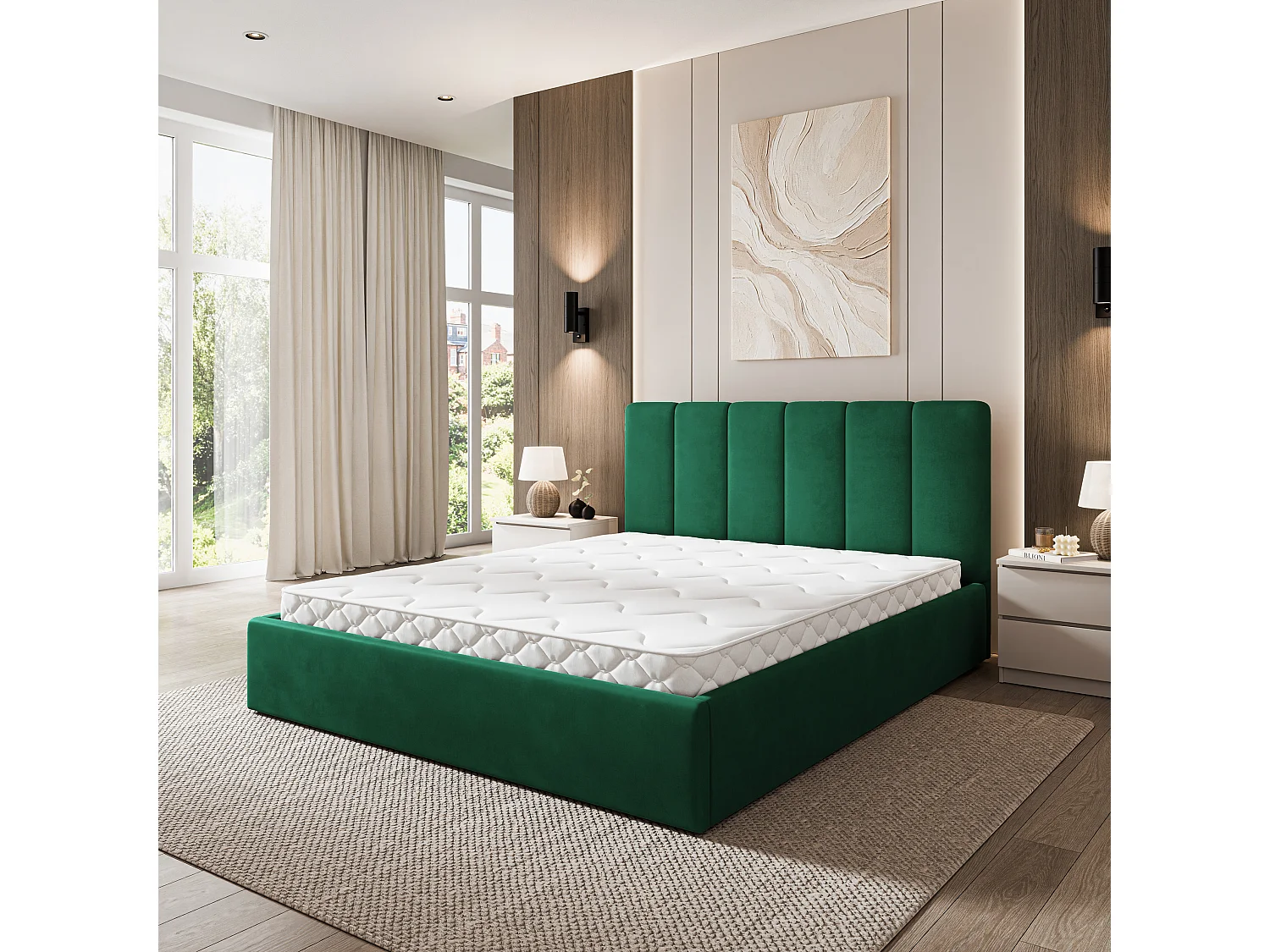 Gestoffeerd bed NEMIS 160x200 cm - Fluwelen stof - Flessengroen