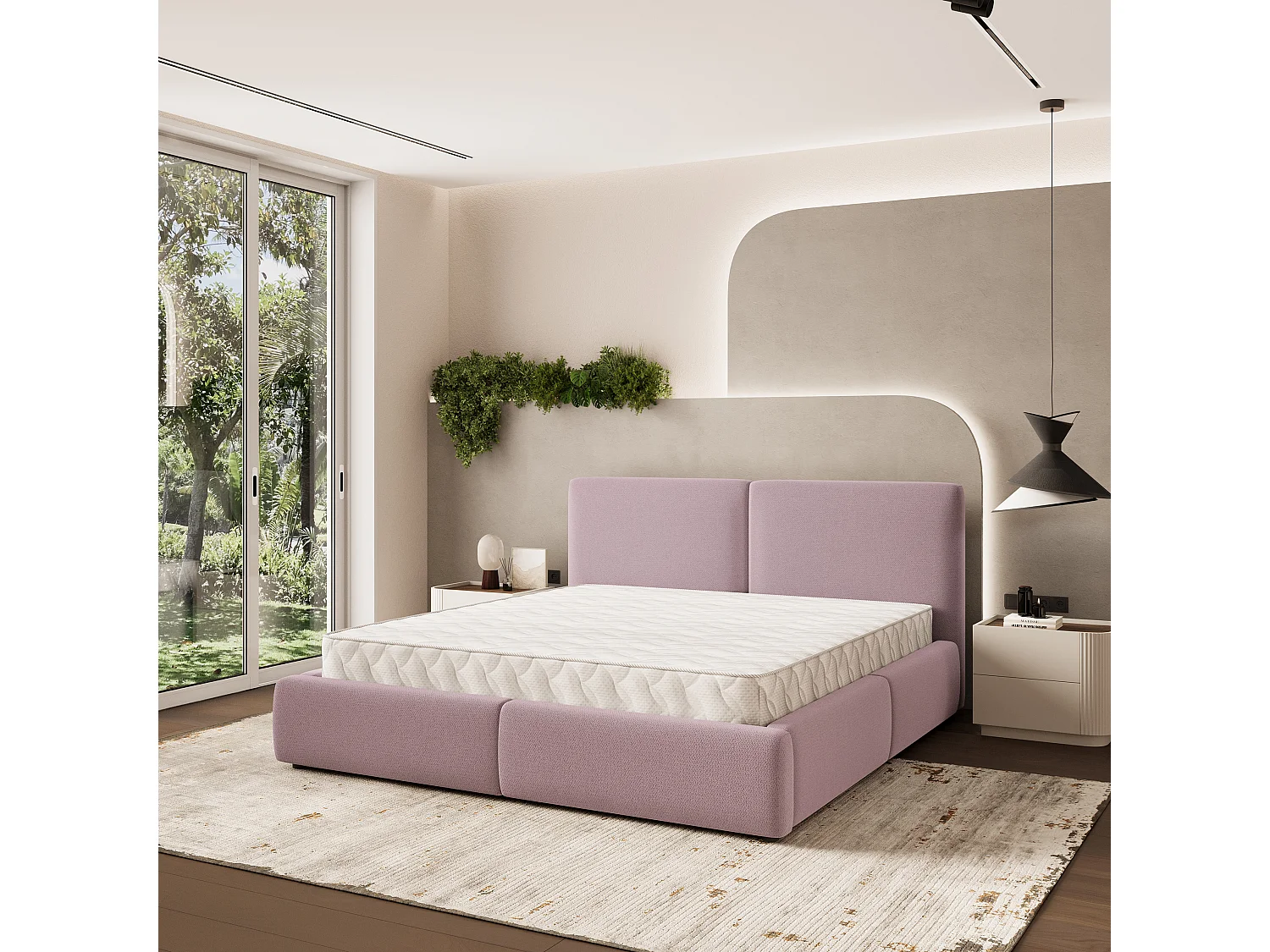 Lit Coffre FELURO 180x200 cm - Tissu tissé - Rose poudré