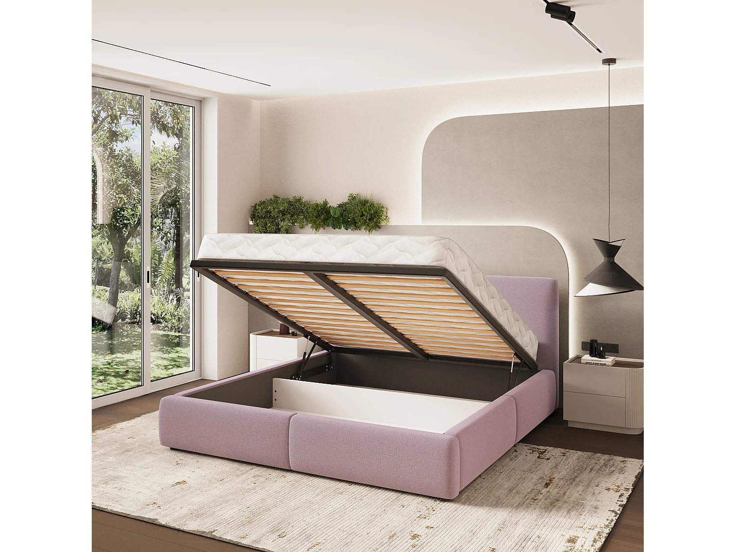 Lit Coffre FELURO 180x200 cm - Tissu tissé - Rose poudré