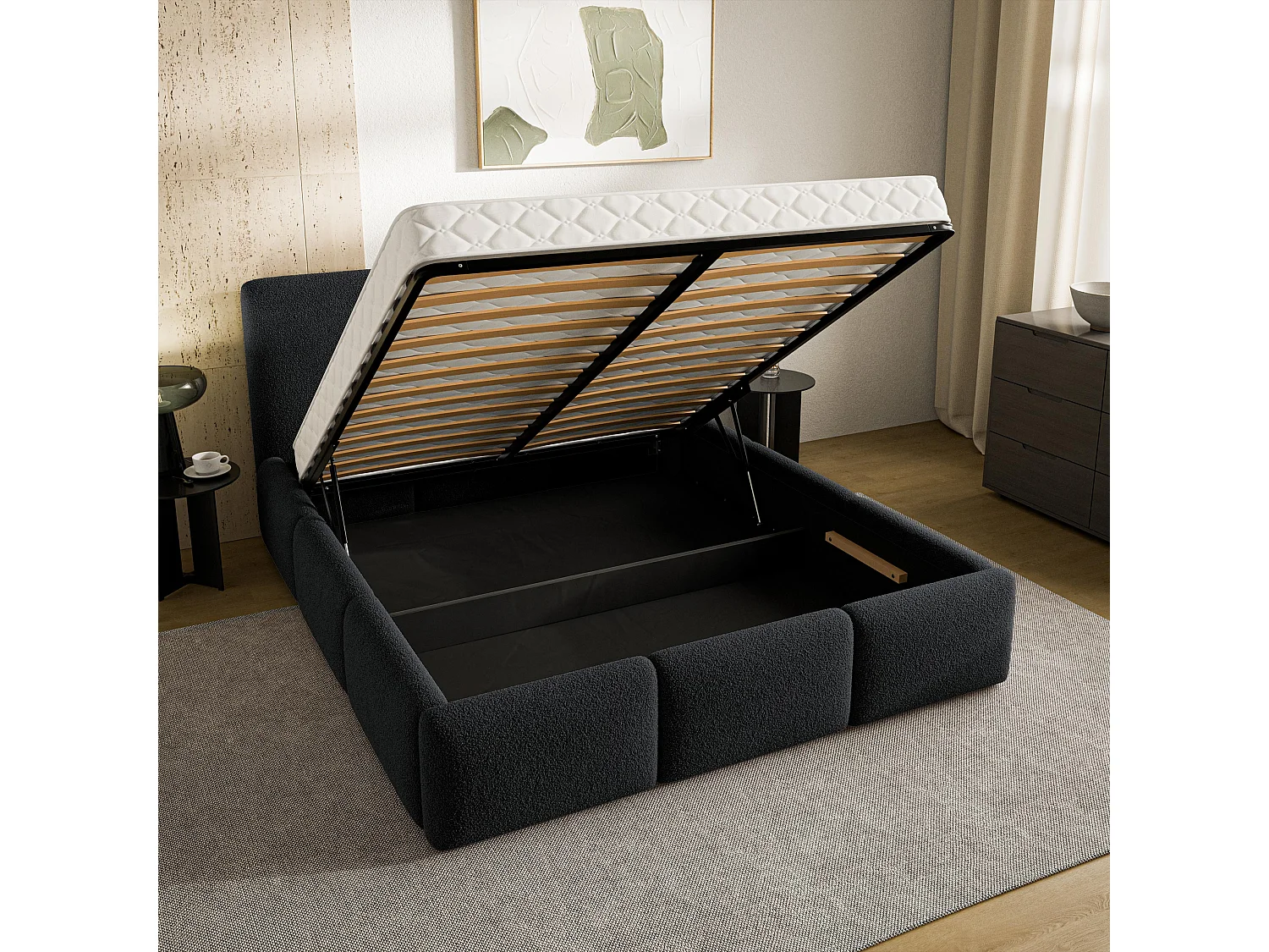 Gestoffeerd bed ARSIL 180x200 cm - Bouclé stof - Zwart