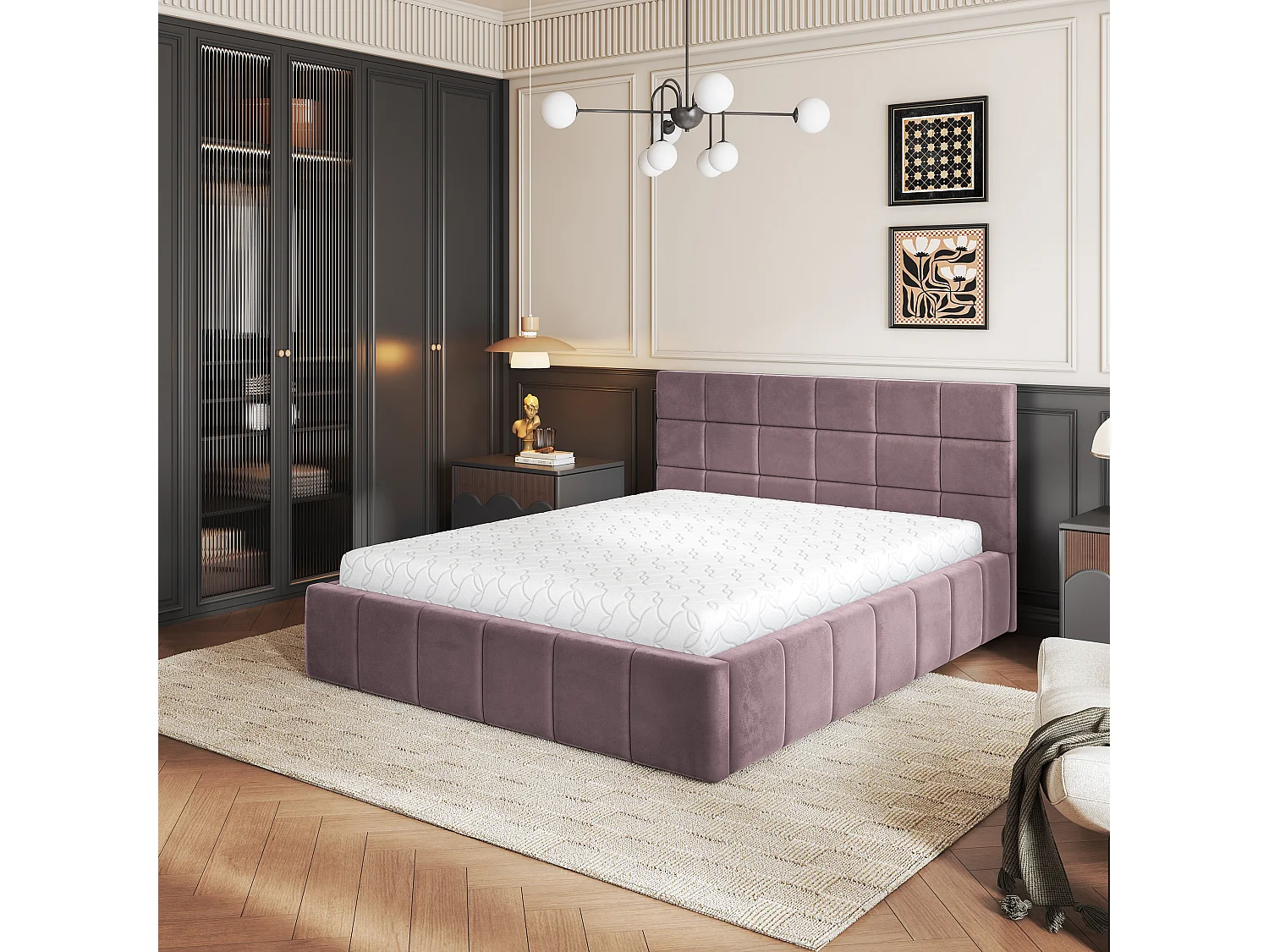 Lit Coffre VERTO 160x200 cm - Tissu peluche - Rose poudré