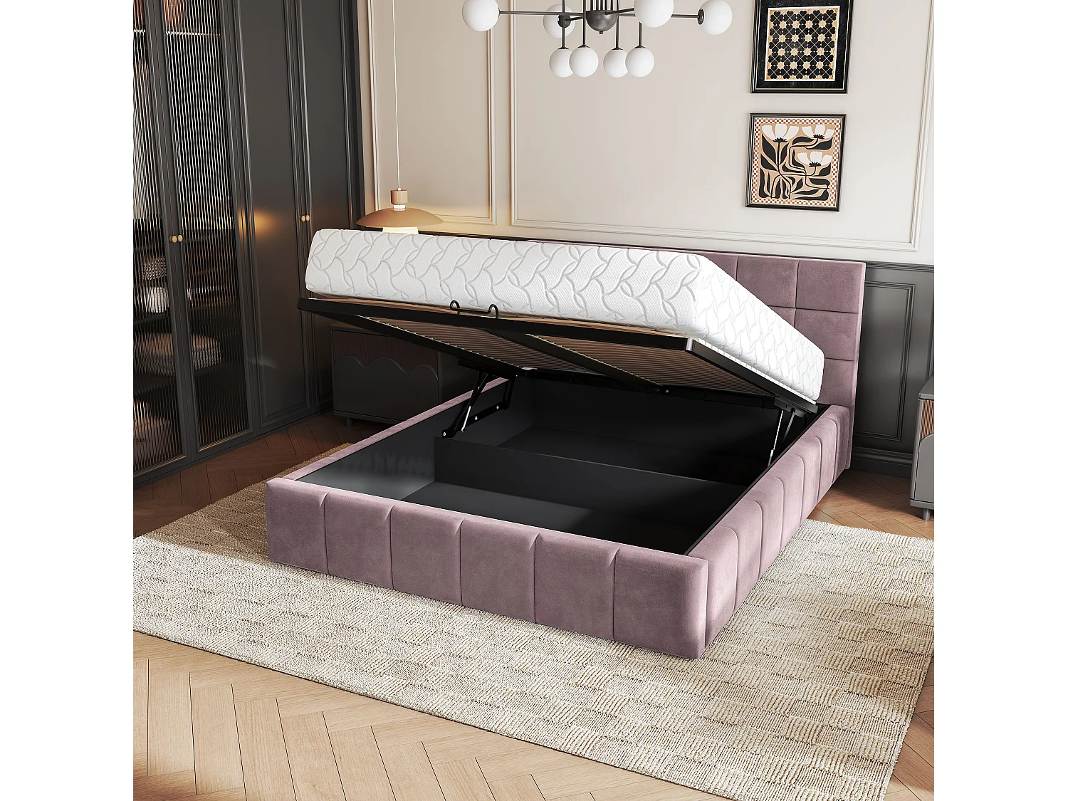 Lit Coffre VERTO 160x200 cm - Tissu peluche - Rose poudré