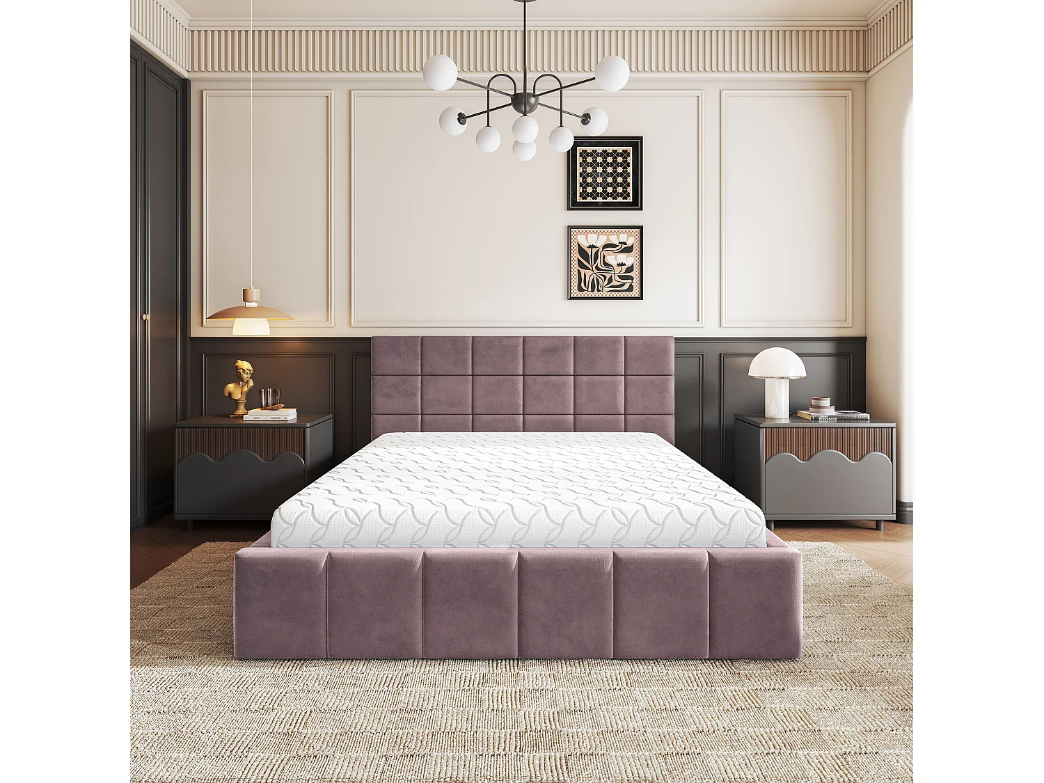 Lit Coffre VERTO 160x200 cm - Tissu peluche - Rose poudré