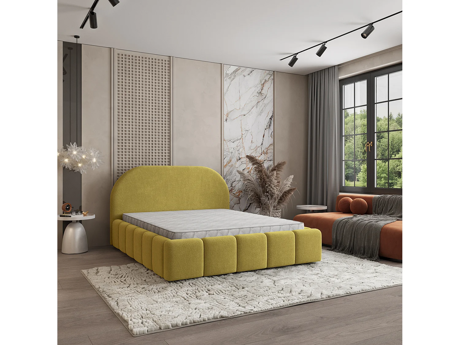 Lit Coffre FLUSSO 160x200 cm - Tissu tissé - Jaune