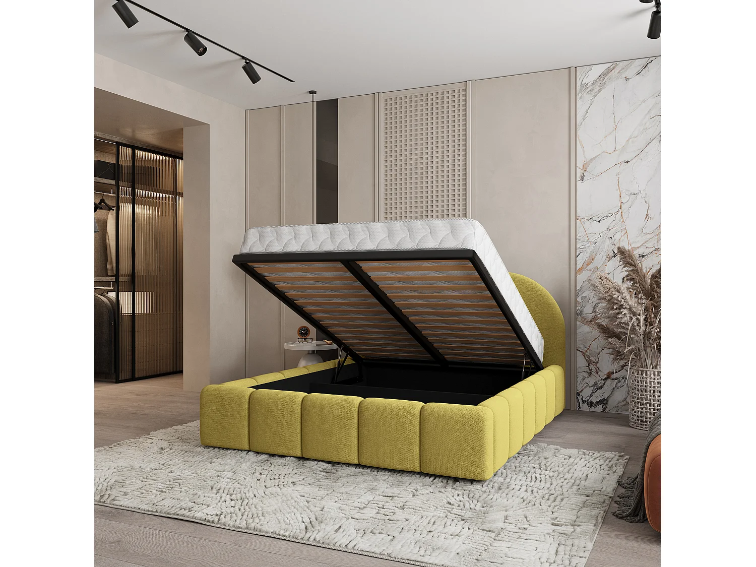 Lit Coffre FLUSSO 160x200 cm - Tissu tissé - Jaune