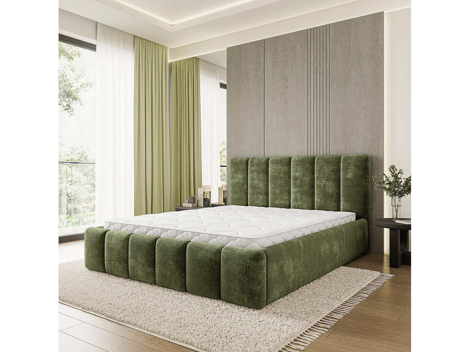Gestoffeerd bed ATTORA 140x200 cm - Chenillestof - Groen