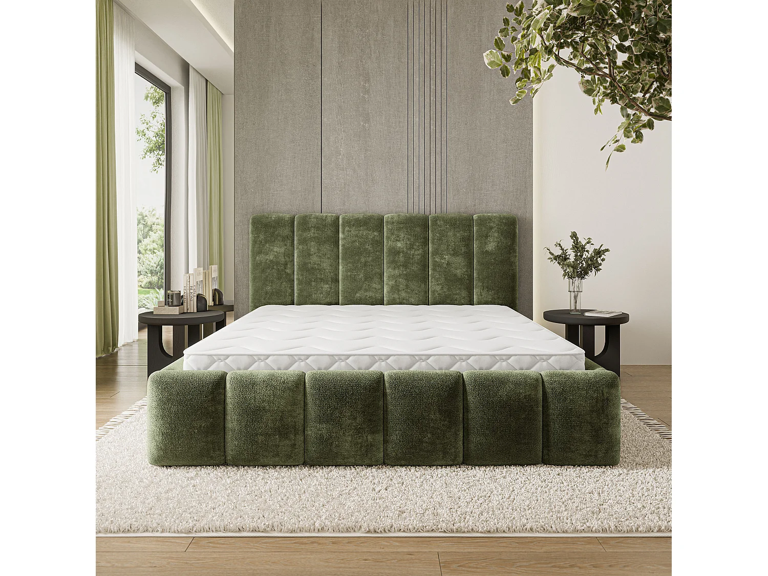 Gestoffeerd bed ATTORA 140x200 cm - Chenillestof - Groen