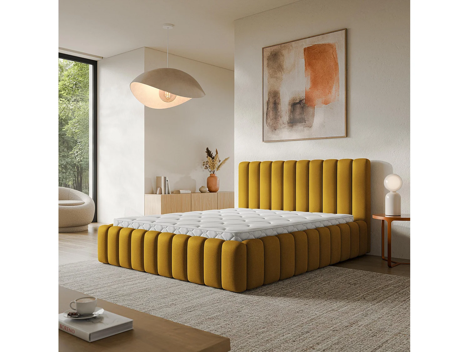 Lit Coffre TEBA 120x200 cm - Tissu peluche - Jaune