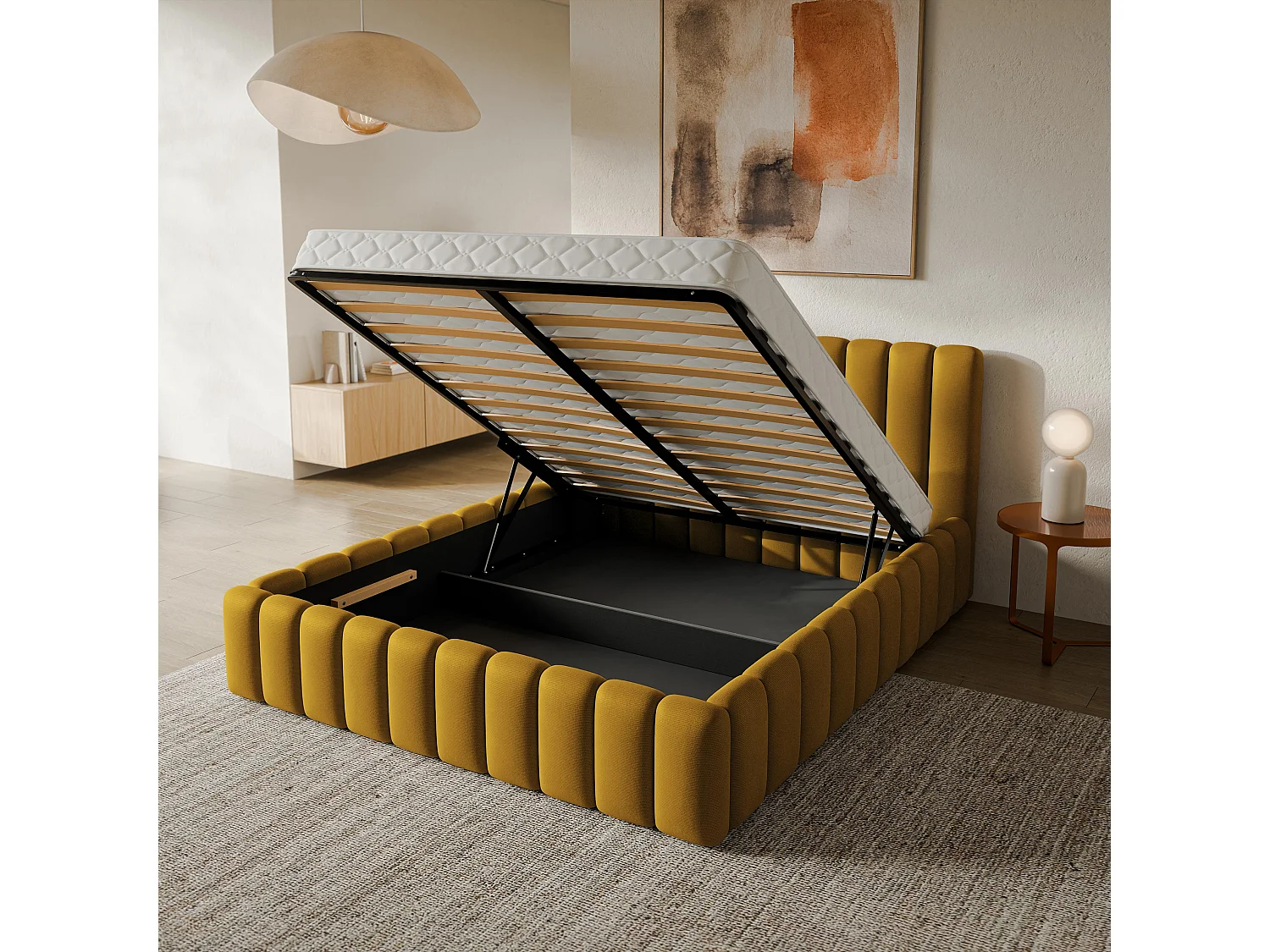 Lit Coffre TEBA 120x200 cm - Tissu peluche - Jaune