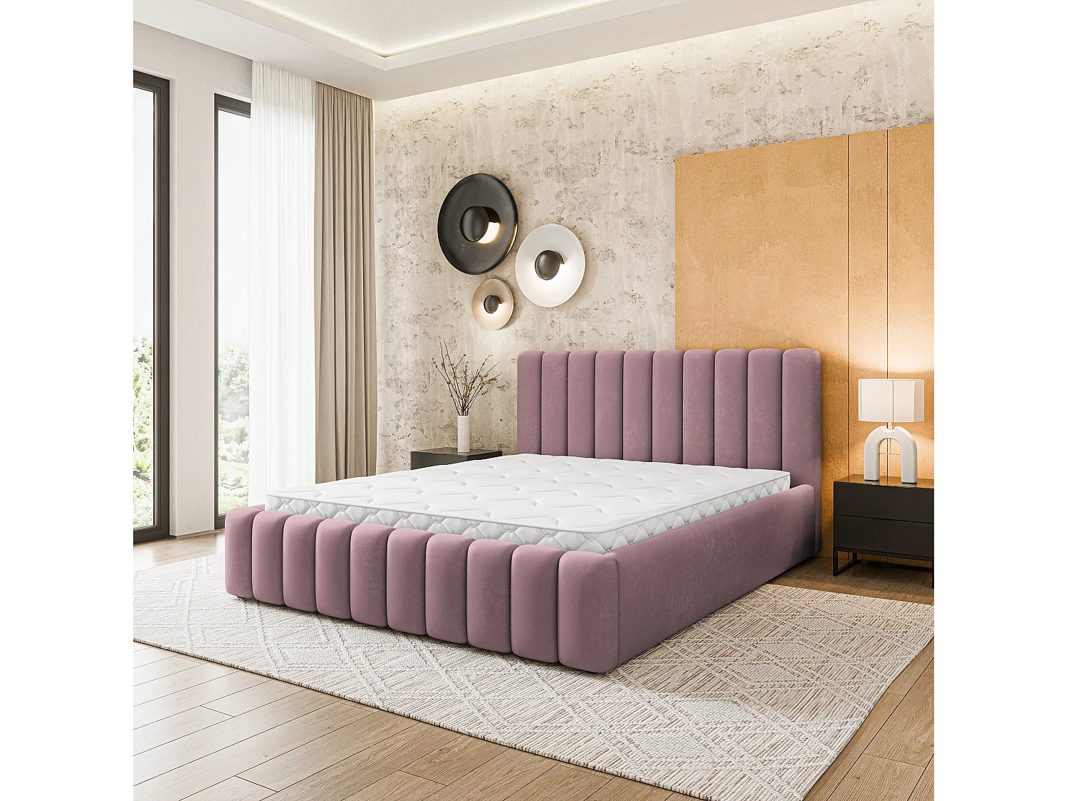 Lit Coffre DINESE 180x200 cm - Tissu peluche - Rose poudré
