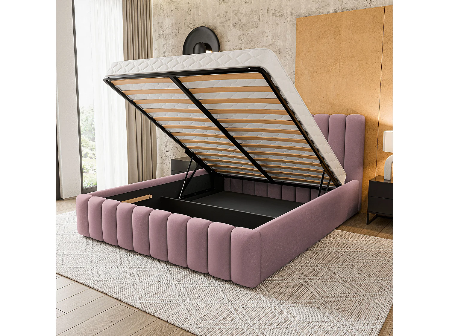 Lit Coffre DINESE 180x200 cm - Tissu peluche - Rose poudré