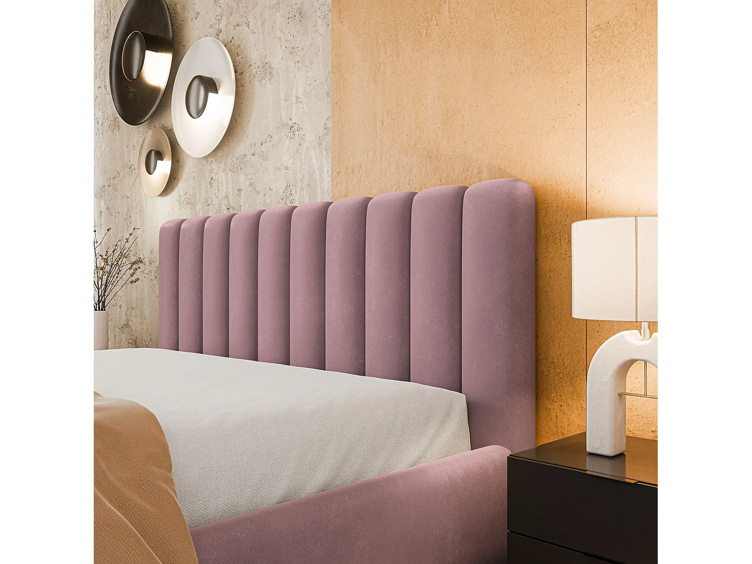 Lit Coffre DINESE 180x200 cm - Tissu peluche - Rose poudré