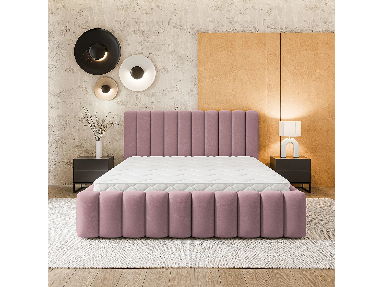 Lit Coffre DINESE 180x200 cm - Tissu peluche - Rose poudré