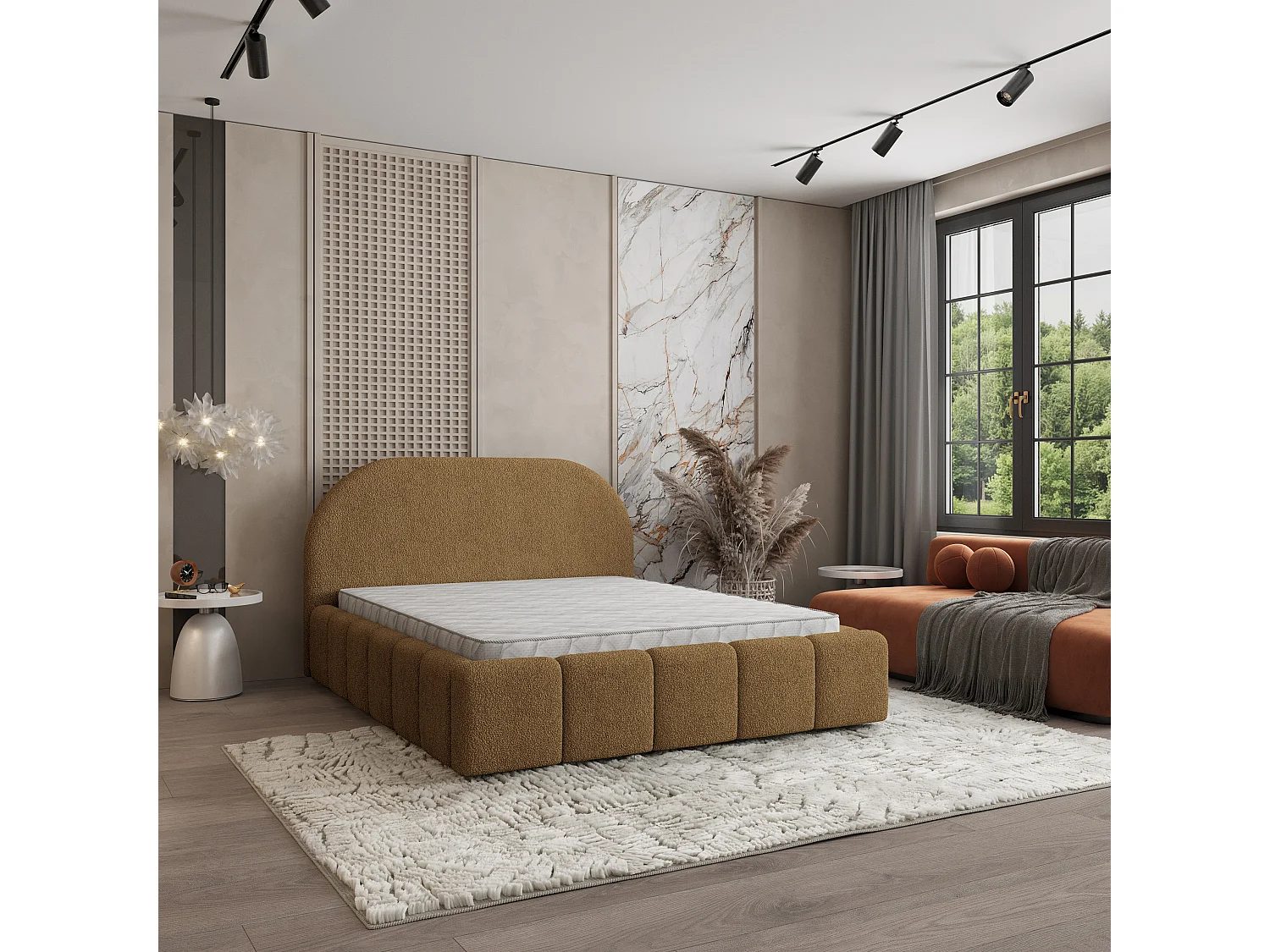 Lit Coffre FLUSSO 160x200 cm - Tissu bouclé - Miel