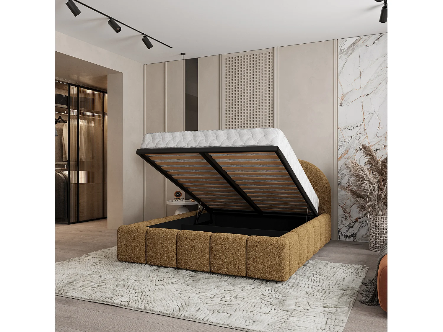 Lit Coffre FLUSSO 160x200 cm - Tissu bouclé - Miel