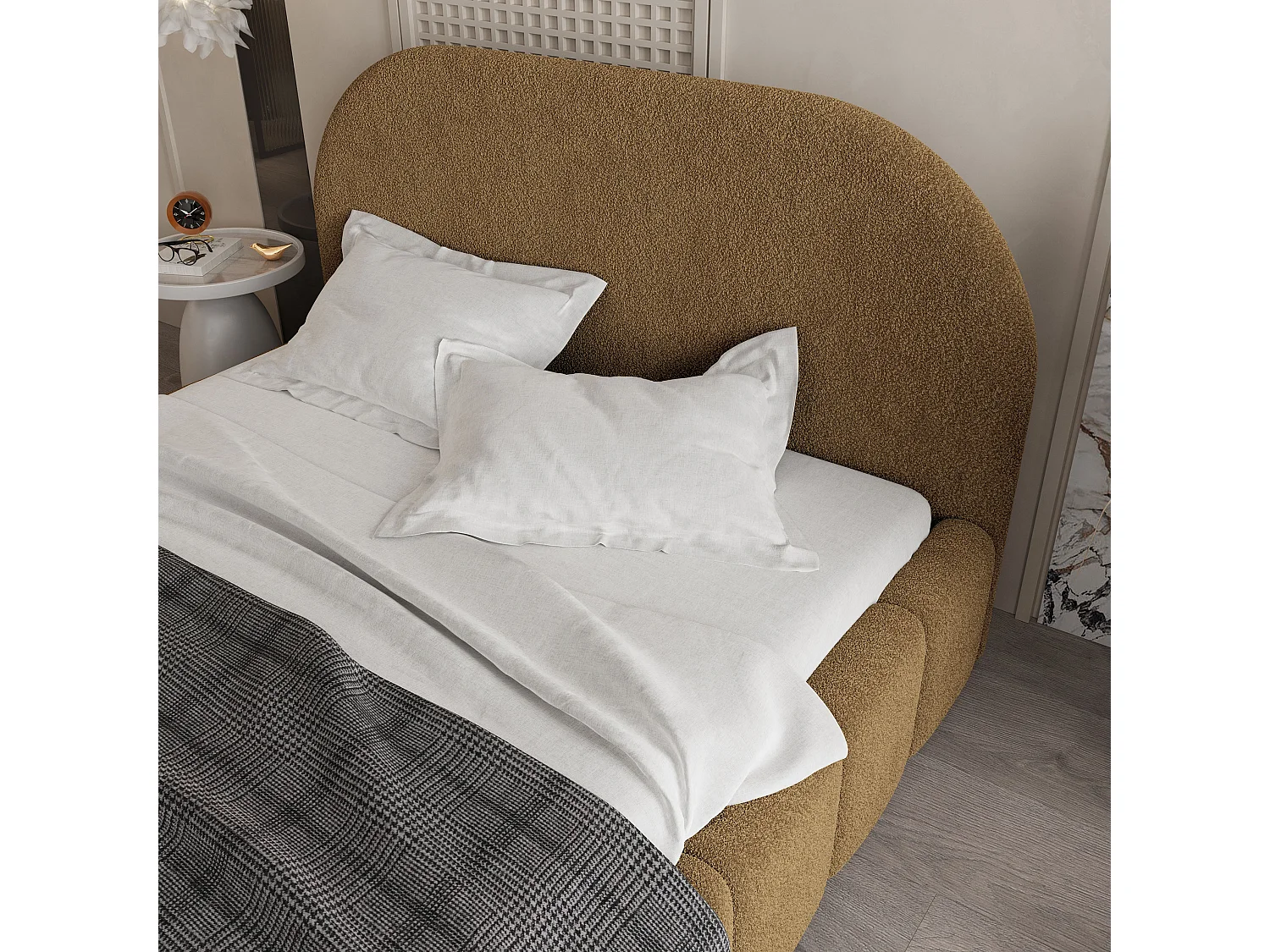 Lit Coffre FLUSSO 160x200 cm - Tissu bouclé - Miel