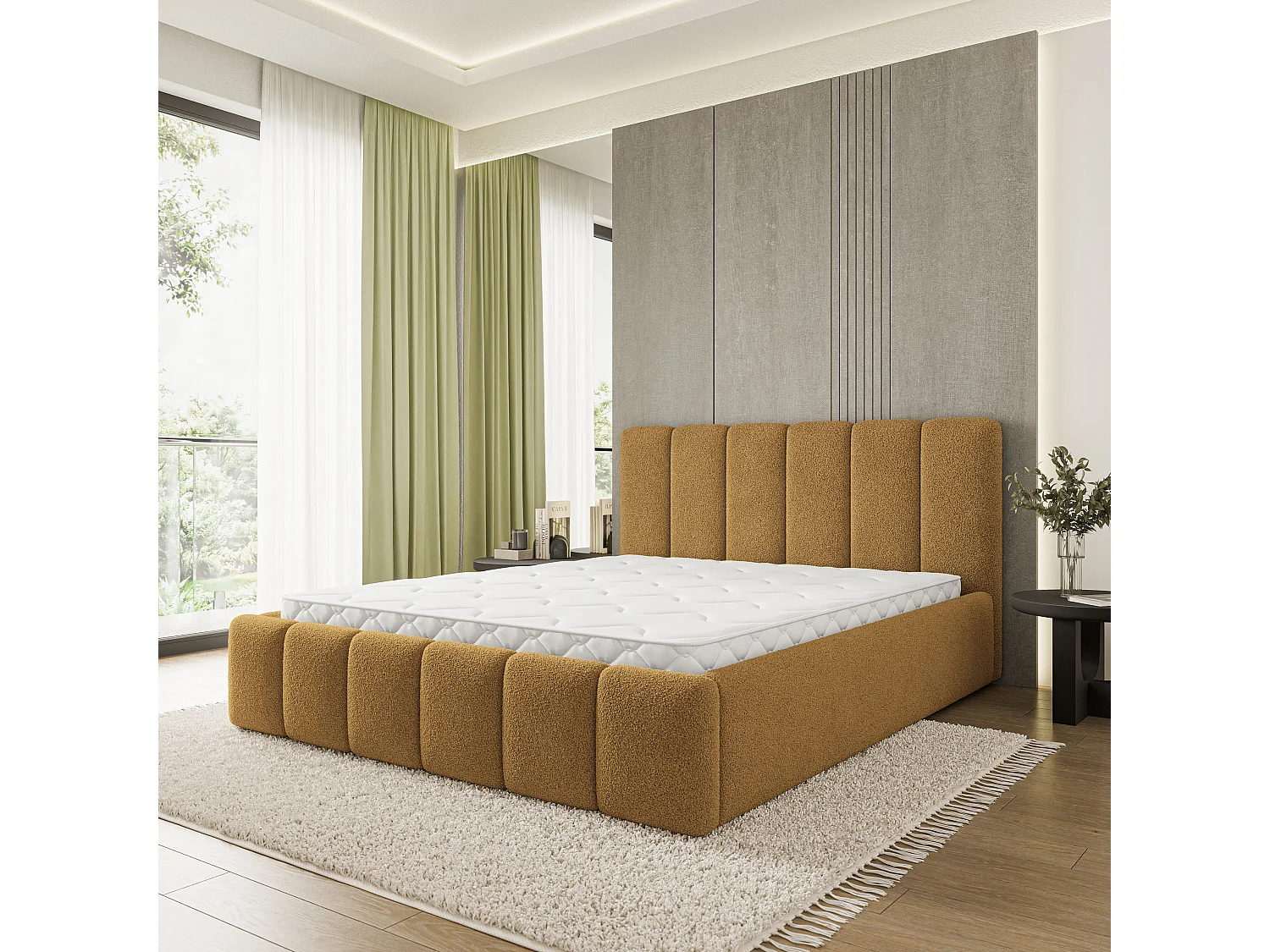 Gestoffeerd bed ATTORA 180x200 cm - Bouclé stof - Honingkleurig