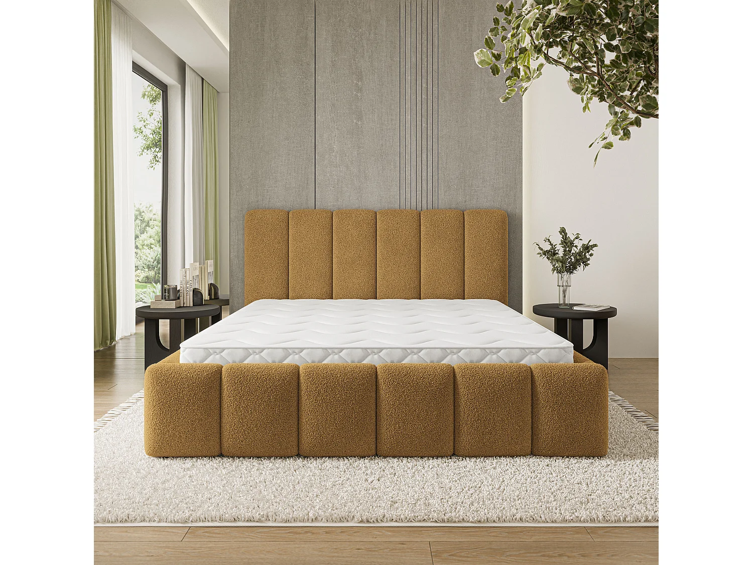 Gestoffeerd bed ATTORA 180x200 cm - Bouclé stof - Honingkleurig