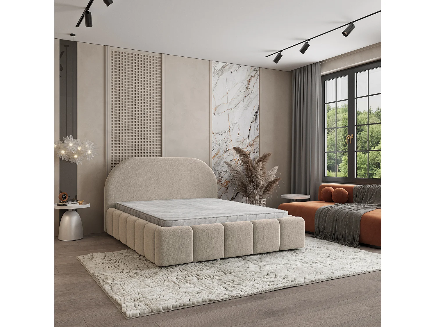 Gestoffeerd bed FLUSSO 180x200 cm - Geweven stof - Beige