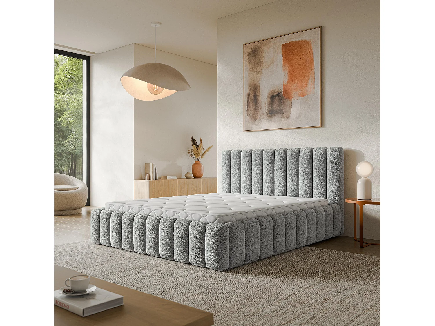 Gestoffeerd bed TEBA 180x200 cm - Bouclé stof - Lichtgrijs