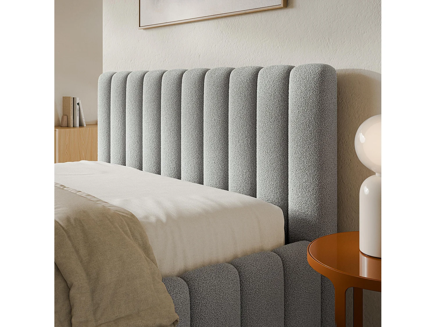 Gestoffeerd bed TEBA 180x200 cm - Bouclé stof - Lichtgrijs