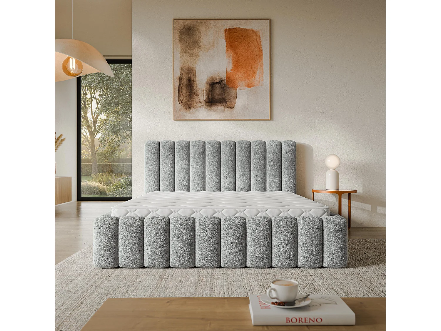 Gestoffeerd bed TEBA 180x200 cm - Bouclé stof - Lichtgrijs