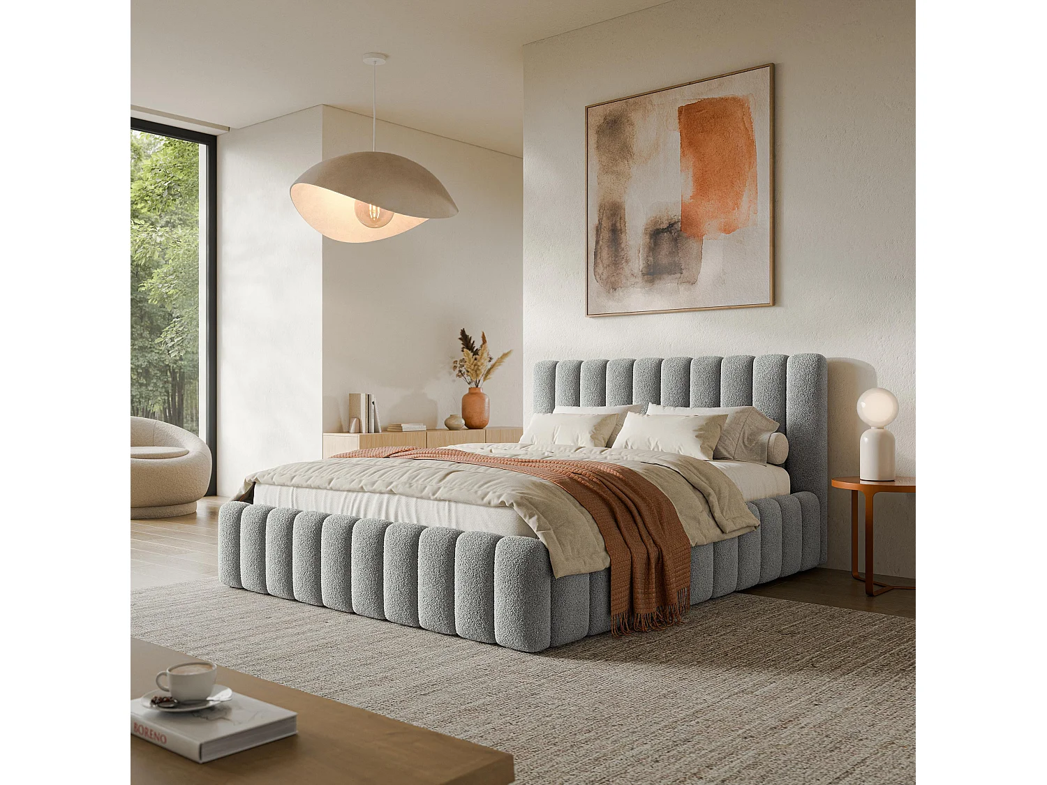 Gestoffeerd bed TEBA 180x200 cm - Bouclé stof - Lichtgrijs