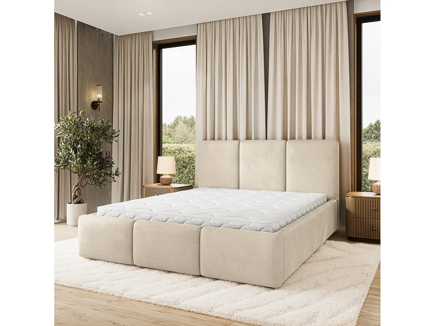 Gestoffeerd bed MORENA 180x200 cm - Fluwelen stof - Beige