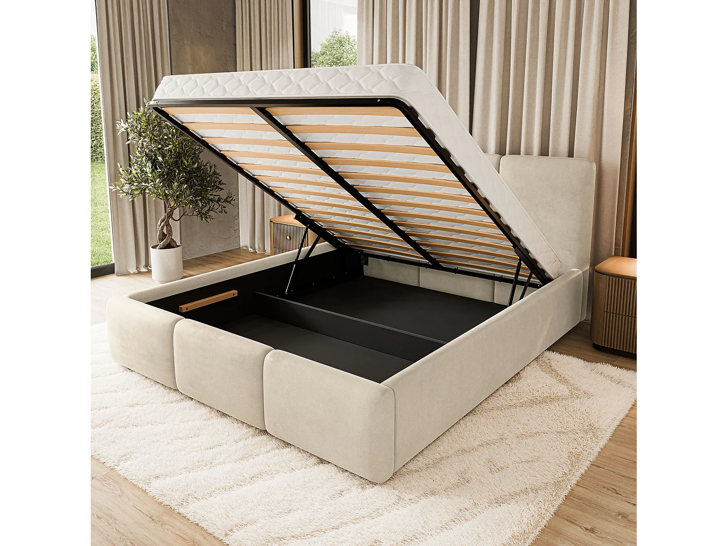 Gestoffeerd bed MORENA 180x200 cm - Fluwelen stof - Beige