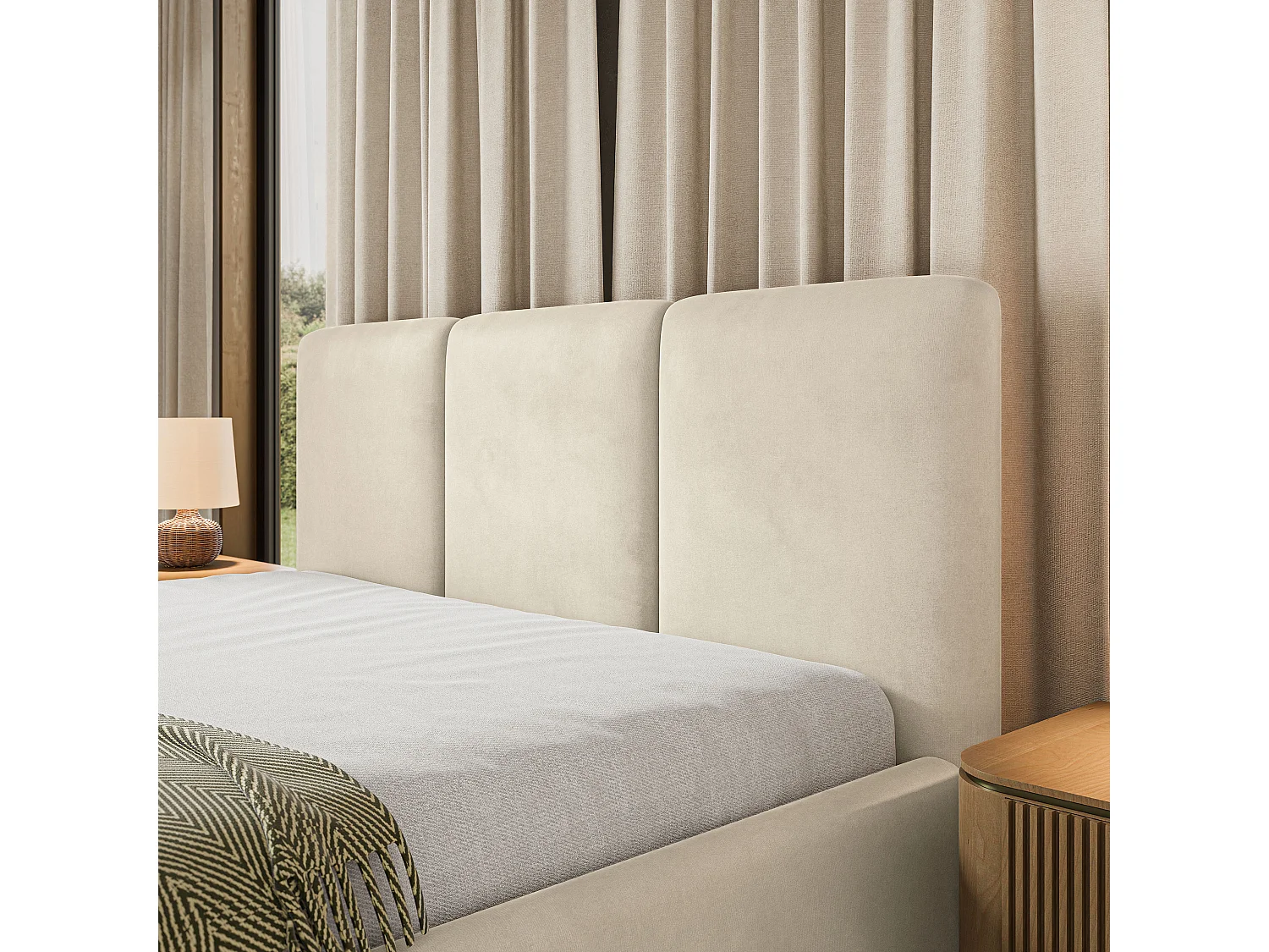 Gestoffeerd bed MORENA 180x200 cm - Fluwelen stof - Beige