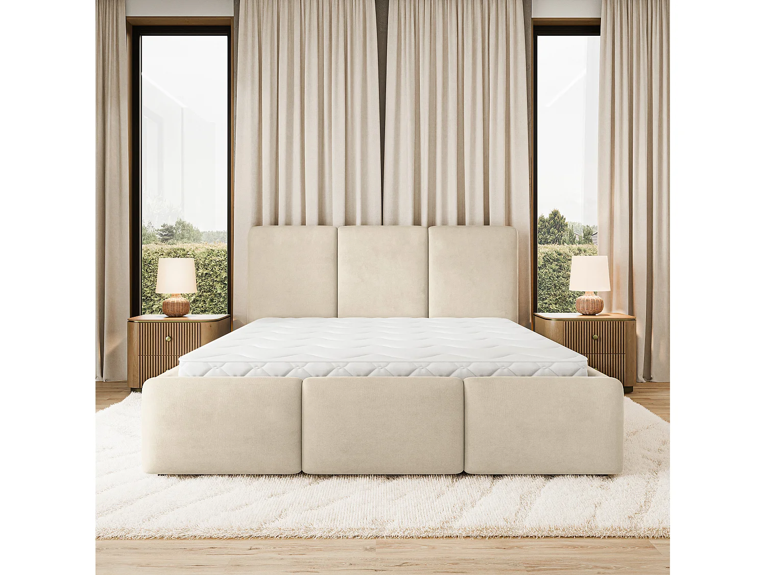 Gestoffeerd bed MORENA 180x200 cm - Fluwelen stof - Beige