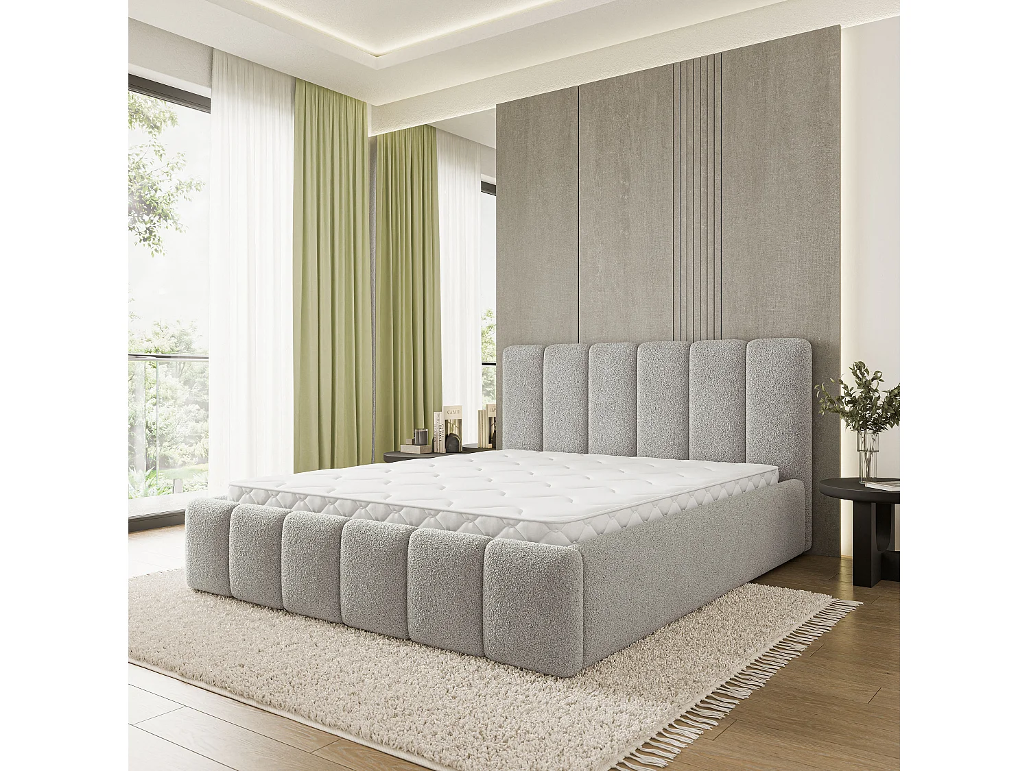 Gestoffeerd bed ATTORA 180x200 cm - Bouclé stof - Lichtgrijs