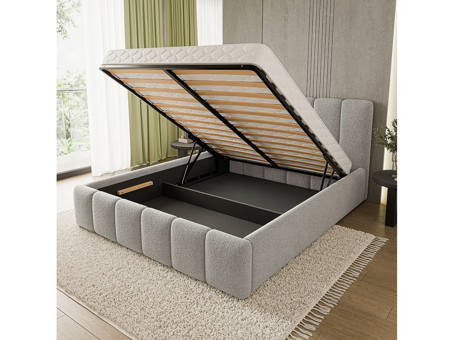 Gestoffeerd bed ATTORA 180x200 cm - Bouclé stof - Lichtgrijs
