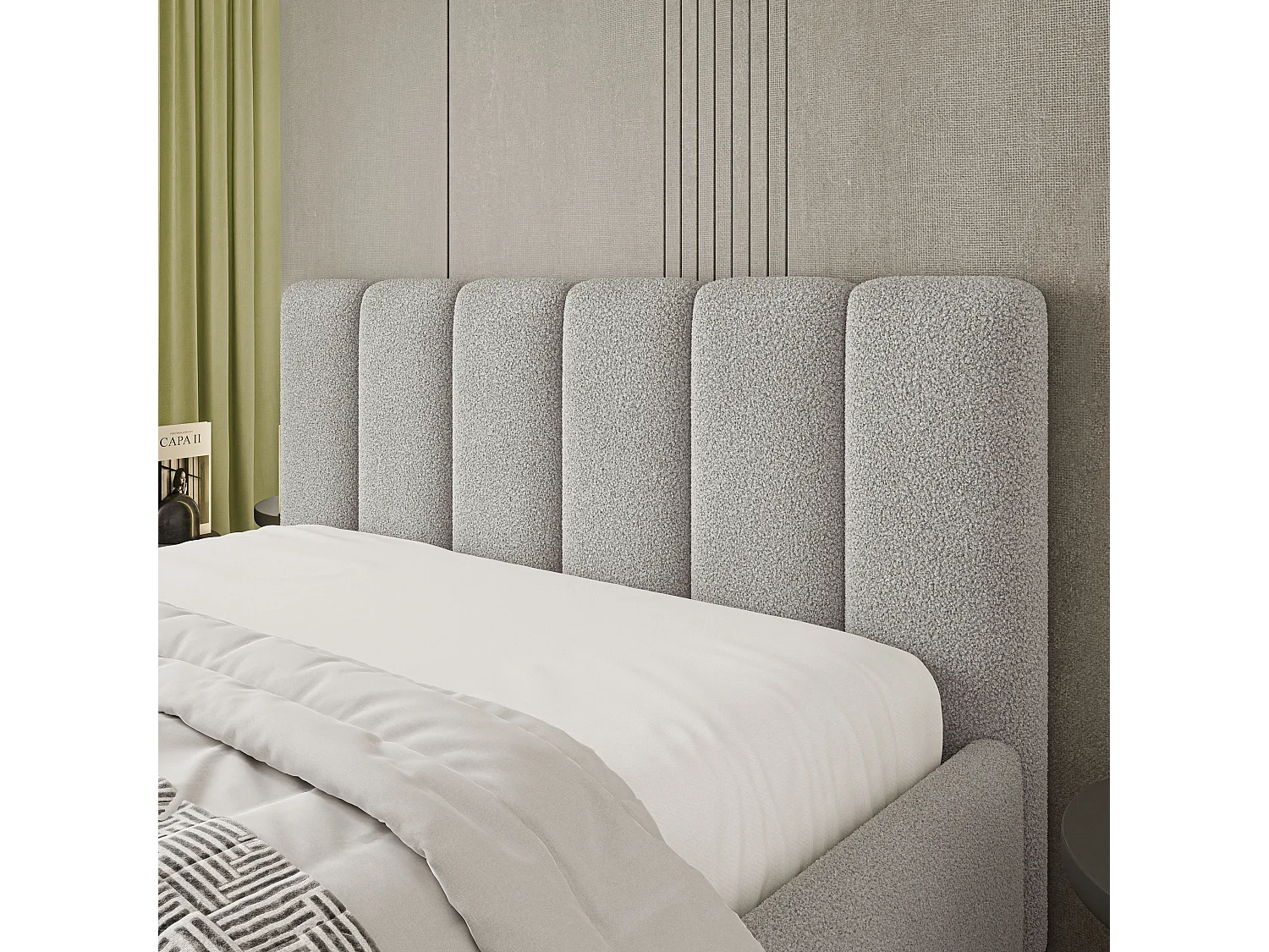 Gestoffeerd bed ATTORA 180x200 cm - Bouclé stof - Lichtgrijs