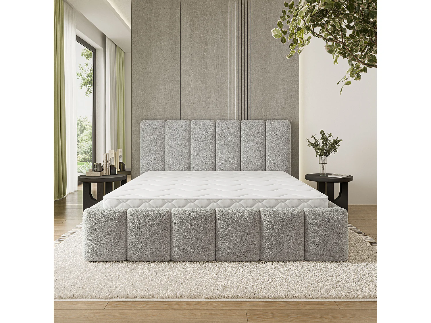 Gestoffeerd bed ATTORA 180x200 cm - Bouclé stof - Lichtgrijs