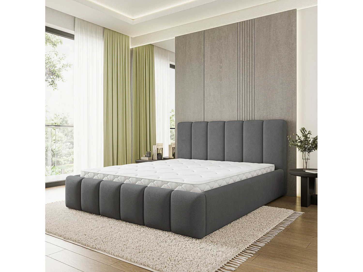 Gestoffeerd bed ATTORA 140x200 cm - Geweven stof - Antraciet