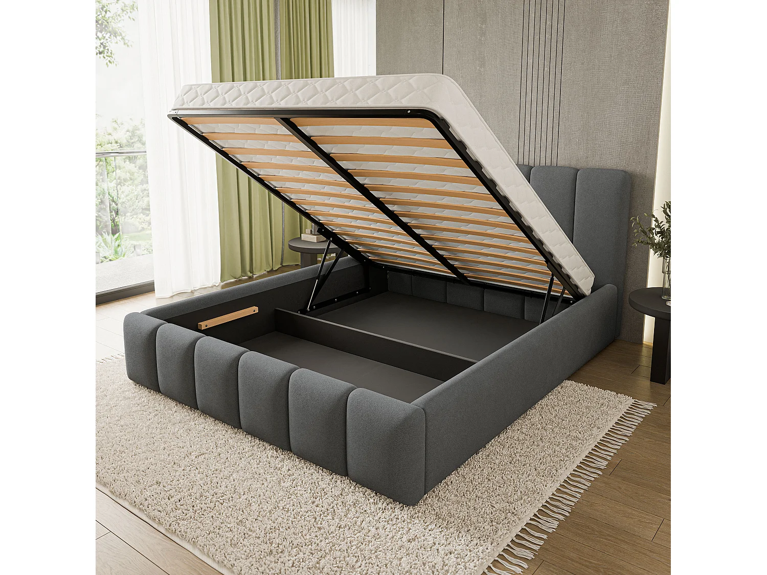 Gestoffeerd bed ATTORA 140x200 cm - Geweven stof - Antraciet
